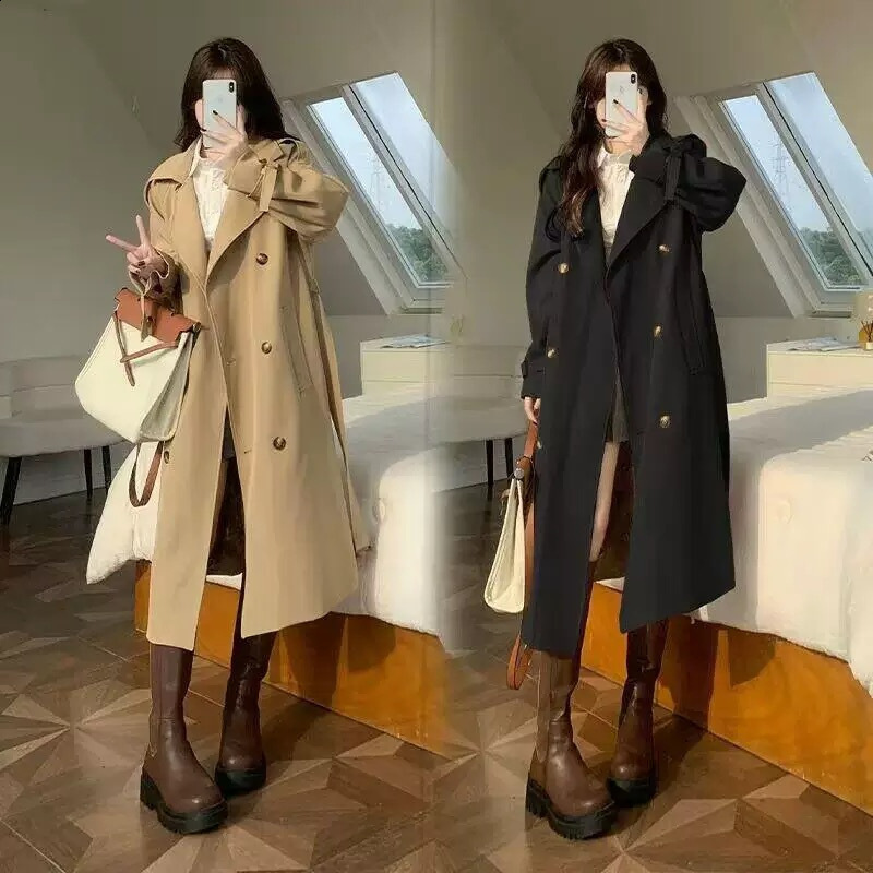 Bornladies Autumn Winter Womens Retro Long Trench Coat Office Lady Loose Belted Waist Fahsion Outerwear Jackets 251029