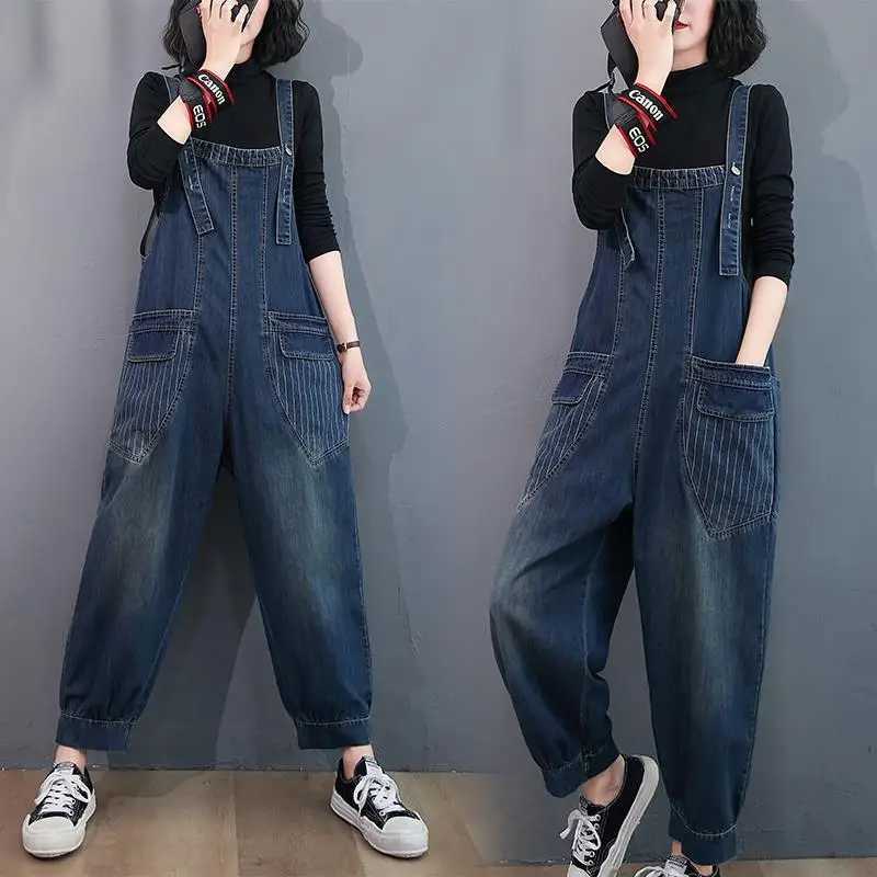 Fashion Loose Pocket Jeans 2024 Women Autumn Bib Pant Overalls Shoulder Strap Jumpsuit Large Size Retro Casual Denim Jeans Pants M260323