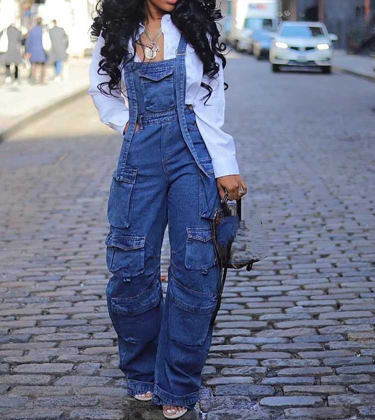 Jumpsuit American Street Zipper Denim Overalls Trendy Design Casual Multi Pocket Cargo Pants Womens Streetwear Denim Jumpsuit M260323