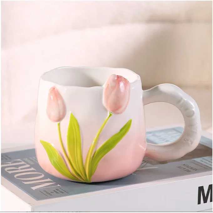 Tulip Ceramic Mug with Lid Spoon 400ml Coffee Tea Cup Valentines Day/Teachers Day Gifts for Couples Women Home Office Use H260323