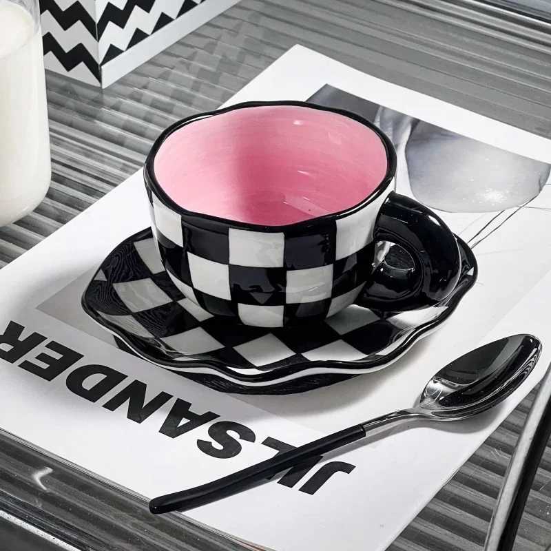 180ml Cute Hand-kneaded Ceramic Coffee Mug and Saucer Creative Hand-painted Afternoon Tea Cup with Saucer Girls Scented Tea Cup H260323
