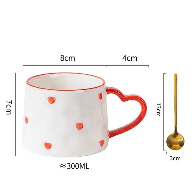 300ML Ceramic Mug with Spoon Cute Ins Style Hand-Painted Love Heart Coffee Breakfast Milk Tea Mug Festival Cups Wedding Gift H260323