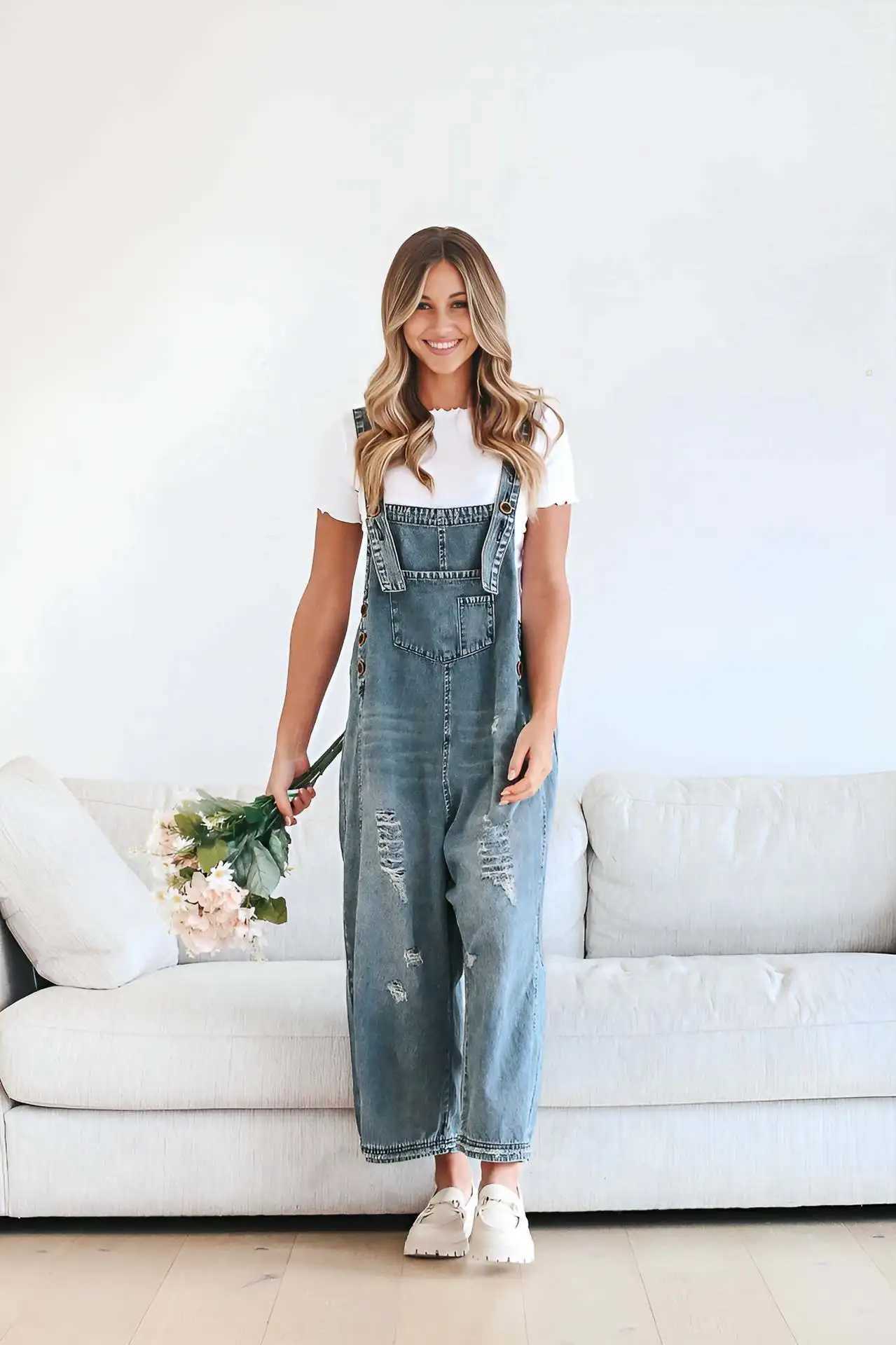 Womens Vintage Distressed Denim Overalls - Retro Wide-Leg Jumpsuit with Adjustable Straps-Fashion Boho Oversized Jean Dungarees M260323