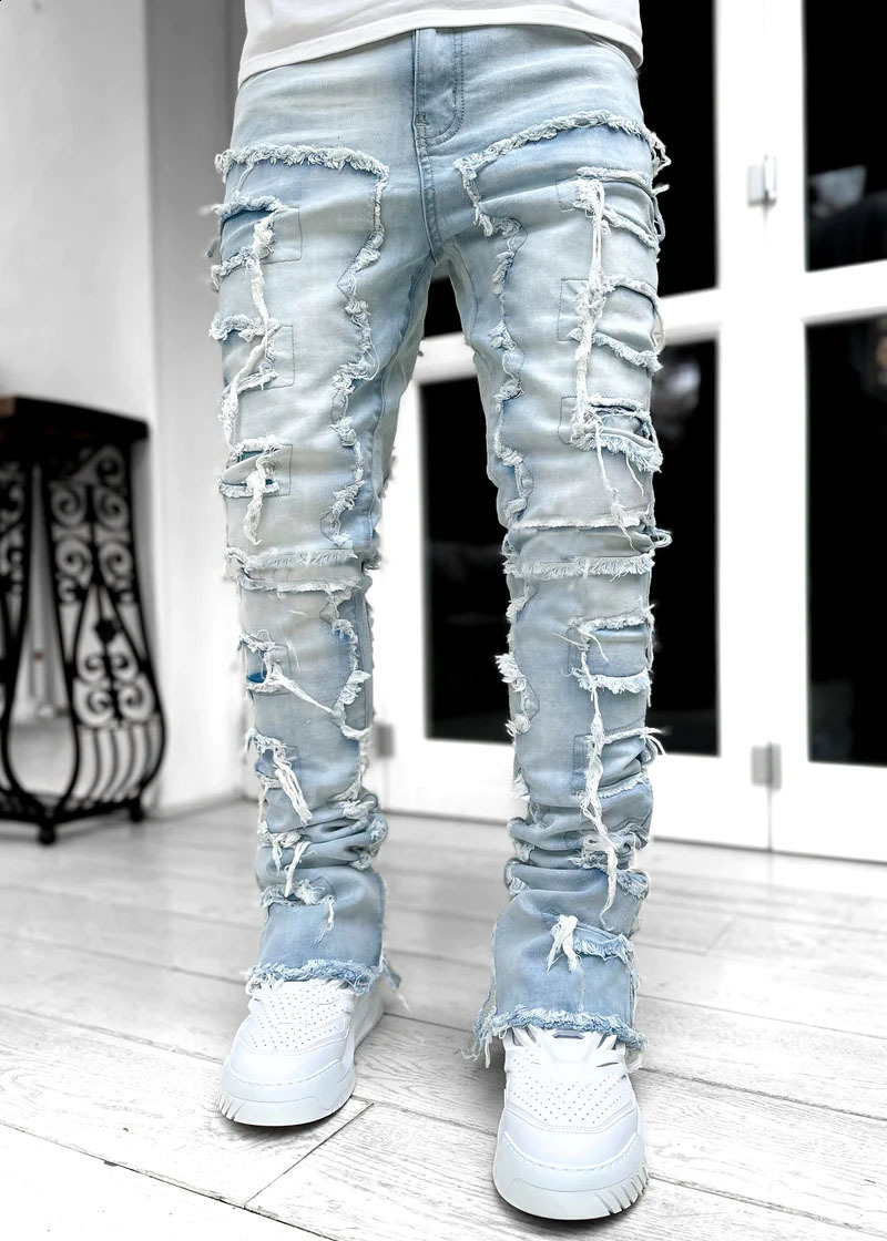 Men's Jeans American Street Hip-hop Heavy Industry Ripped Men's Jeans Spring Straight Loose Vibe Style Skateboard White Flared Pants 230303