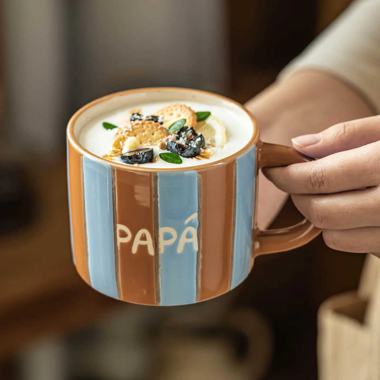 Striped Contrasting Color Mugs High Aesthetic Underglaze Color Office Handgrip Water Cups Household Ceramic Couple Style Cups H260323