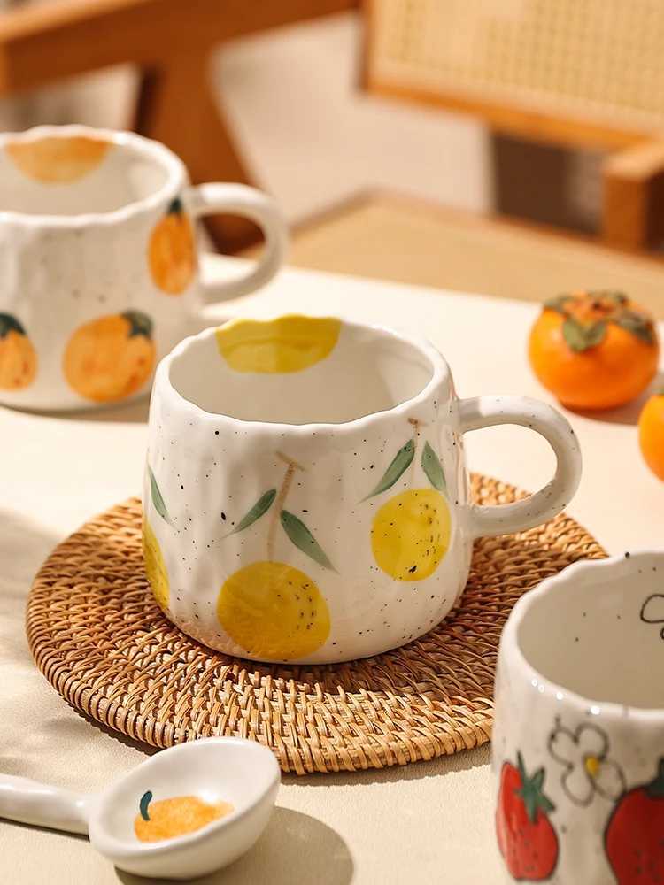 3pcs Small Ceramic Cup With Hand Drawn Strawberry Orange lemon Unique Handmade Cute Floral Mug Ideal For Restaurants H260323