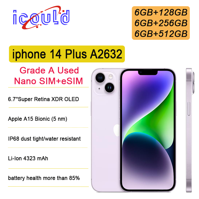 Unlocked Grade A Used Apple iPhone 14 plus Genuine RAM 6GB ROM 128GB/256GB/512GB Apple A15 Bionic (5 nm) IOS NFC 5G CellPhone