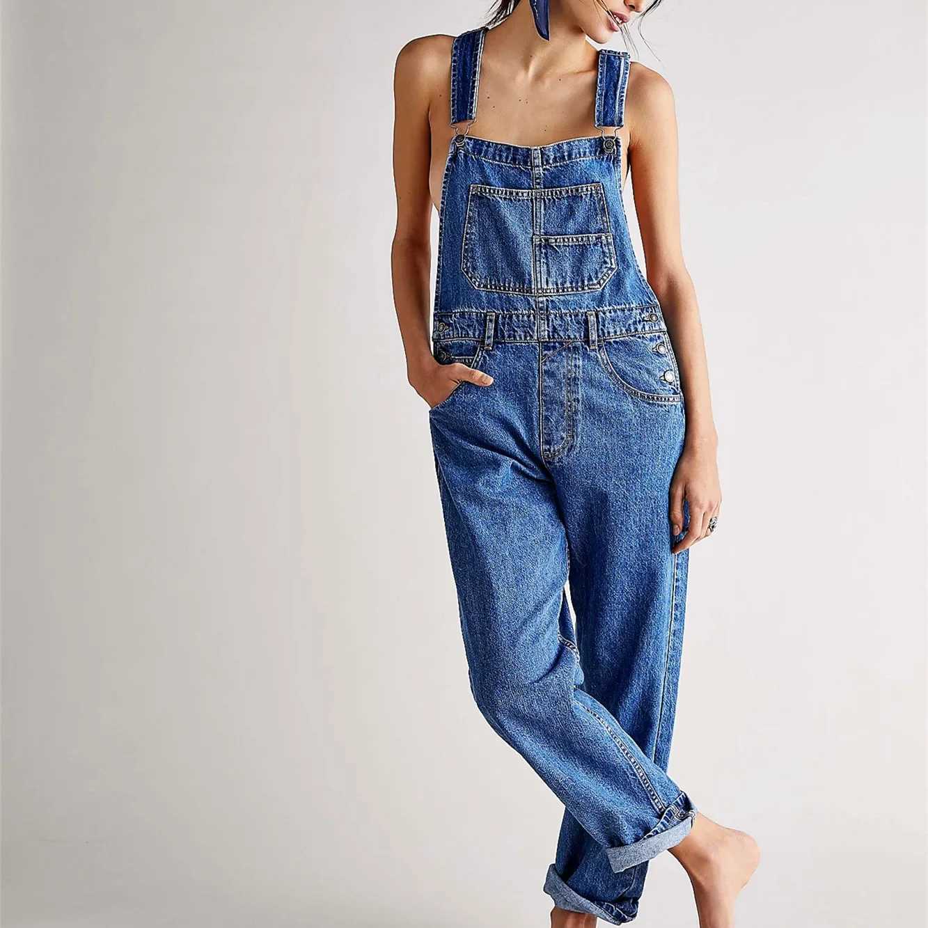 Fashion Denim Overalls for Women Loose Fit Classic Bib Casual Jean Stretchy Denim Overall Jumpsuit Tapered Leg Jean Pants M260323