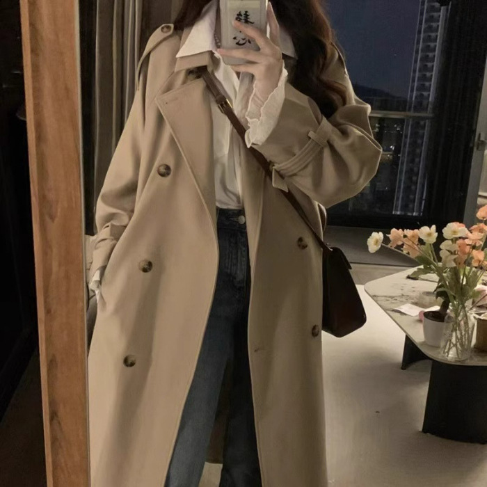 Bornladies Autumn Winter Womens Retro Long Trench Coat Office Lady Loose Belted Waist Fahsion Outerwear Jackets 251029