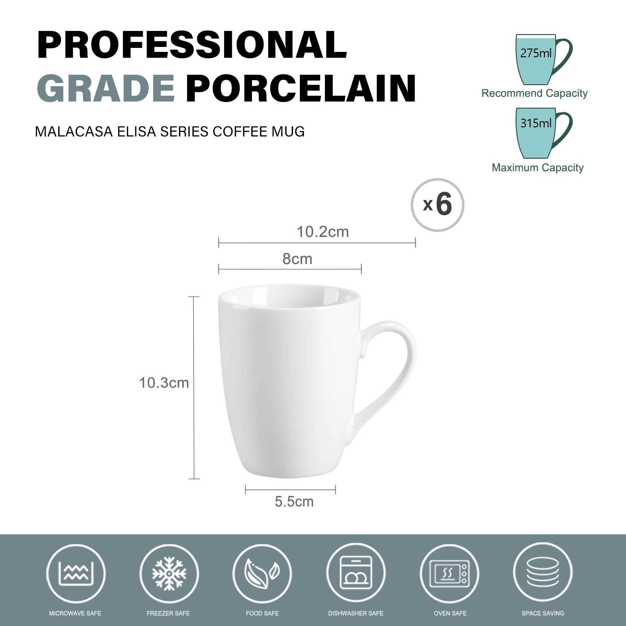 MALACASA Series Elisa 6 Pieces Ivory White Porcelain 360cc Coffee Mug Milk Cup D260323