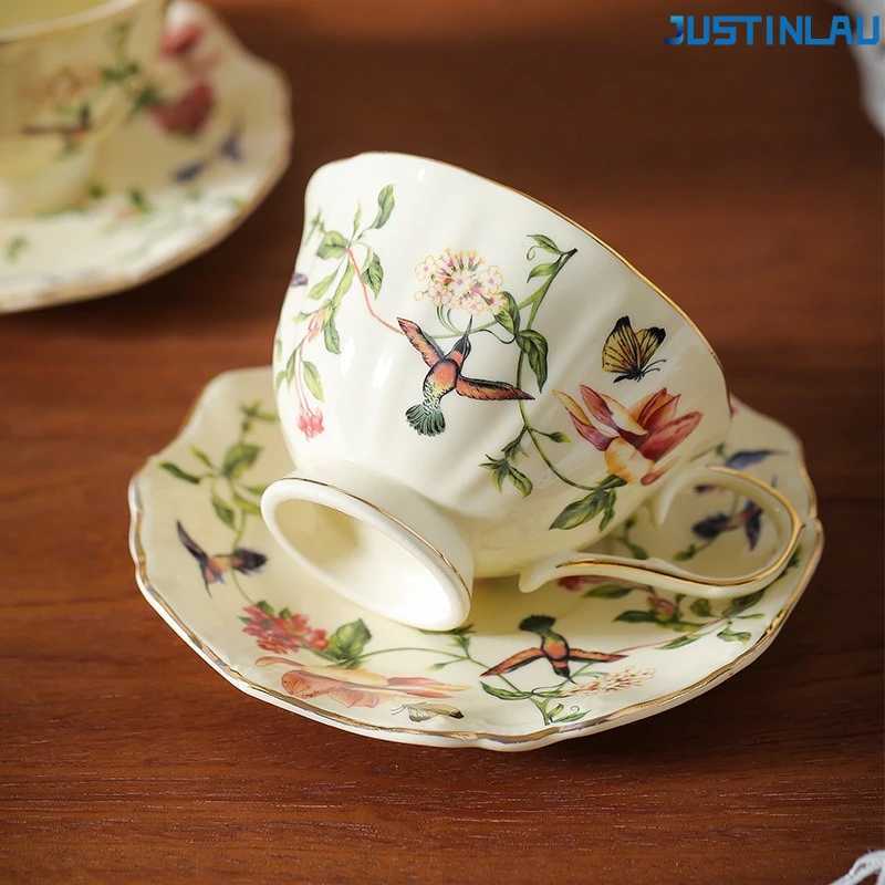 JUSTINLAU Palace Style Gold Flower Bird Coffee Cup and Plate Set Retro Ceramic High Aesthetic Home Afternoon Tea Cup Mugs D260323