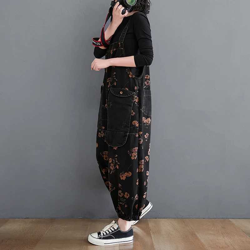 Loose Jeans Black Jumpsuit Women Casual Oversized Baggy Cargo Pants Big Pockets Print Floral Denim Overalls Straps Jean Rompers M260323