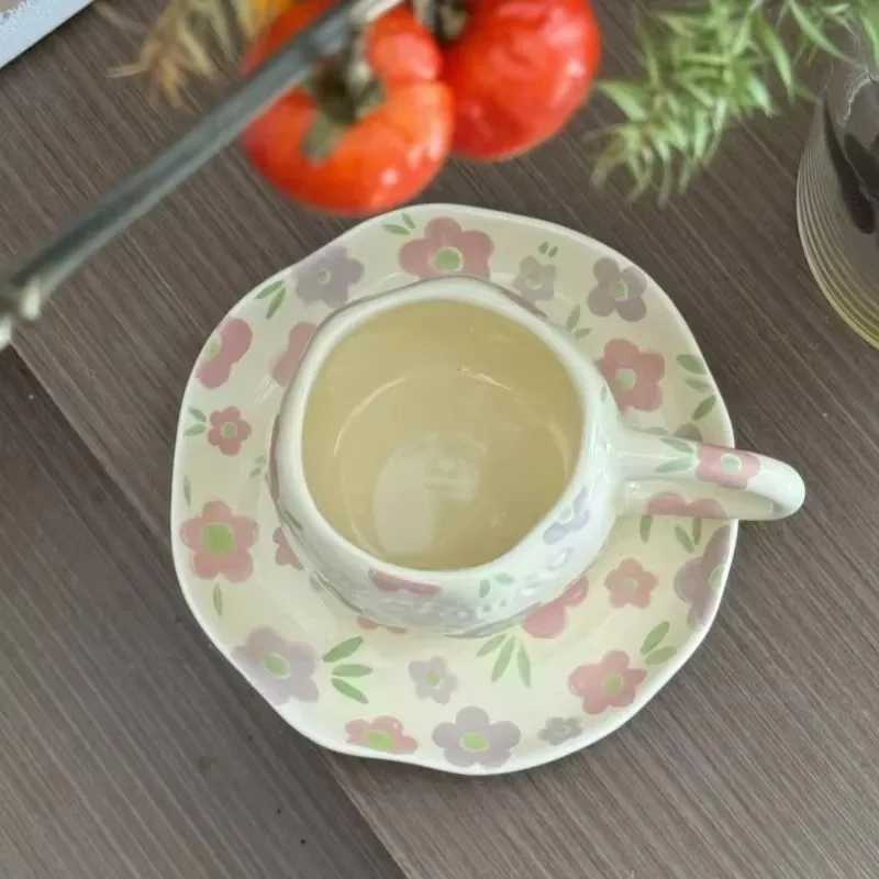 Small Fresh Countryside Style Irregular Hand Pinched Letter Relief Ceramic Coffee Cup Plate H260323