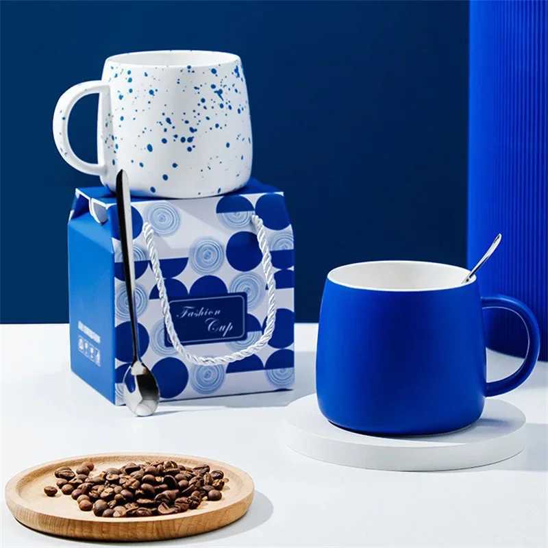 500ml Klein Blue Ceramic Coffee Mug with spoon Gift Package Splash ink Porcelain Mug Breakfast Oatmeal Cup Festival Gift H260323