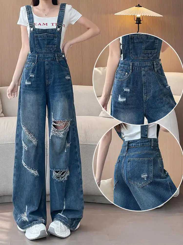 Blue Denim Jumpsuits For Women Spring Summer Suspender Strap Hole Ripped Wide Leg Overall Loose Casual Jeans Street Wear M260323