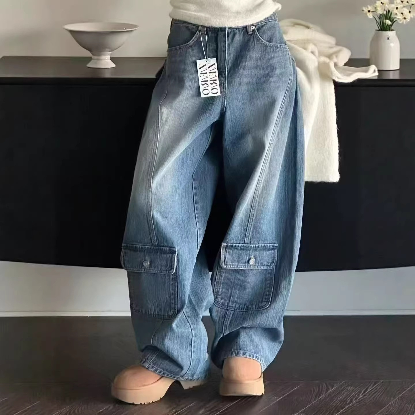 Korean Original Women's High-waisted Jeans Winter New Style Slimming Designer Pants Loose Versatile Blue Work Pants Casual Style