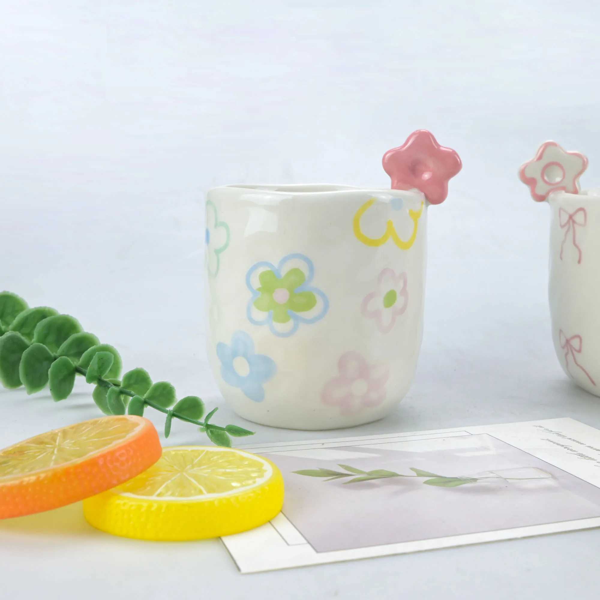 1pcs Cute flower cup hand-painted bow watercolor flower hand squeezed irregular ceramic coffee cup H260323