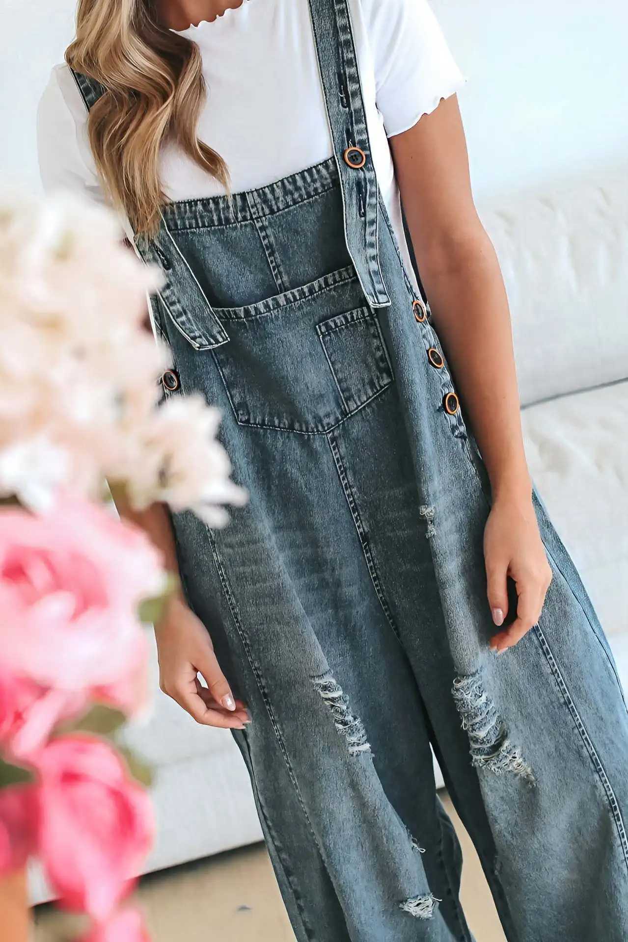 Womens Vintage Distressed Denim Overalls - Retro Wide-Leg Jumpsuit with Adjustable Straps-Fashion Boho Oversized Jean Dungarees M260323