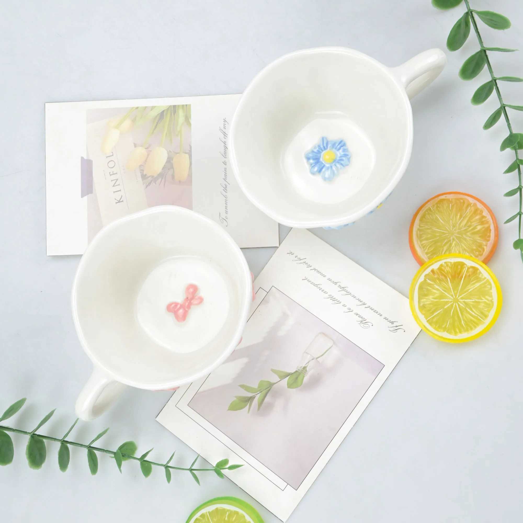 1pcs Irregular hand drawn underglaze color relief blue daisy pink bow ceramic mug water cup H260323