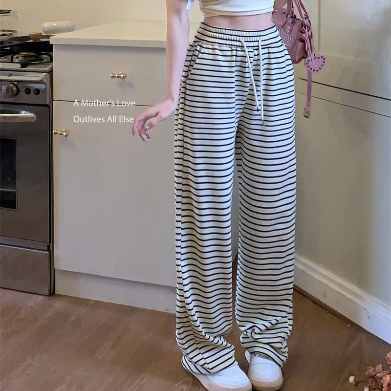 Spicy Girl Designer Pants Striped Drawstring Draped Casual Pants For Women Summer Korean Style Floor-length Straight-leg Loose High-waisted Wide-leg Pants
