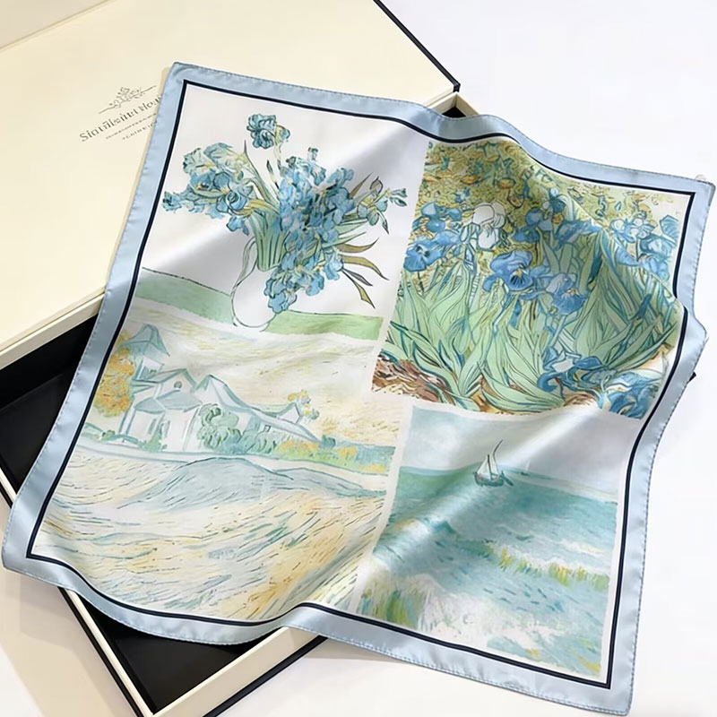 70x70cm Satin Imitation Silk Square Scarf Art Oil Painting Series Soft Smooth Lightweight Breathable All-Match Neck Scarf Shawl Headband Bag Decor