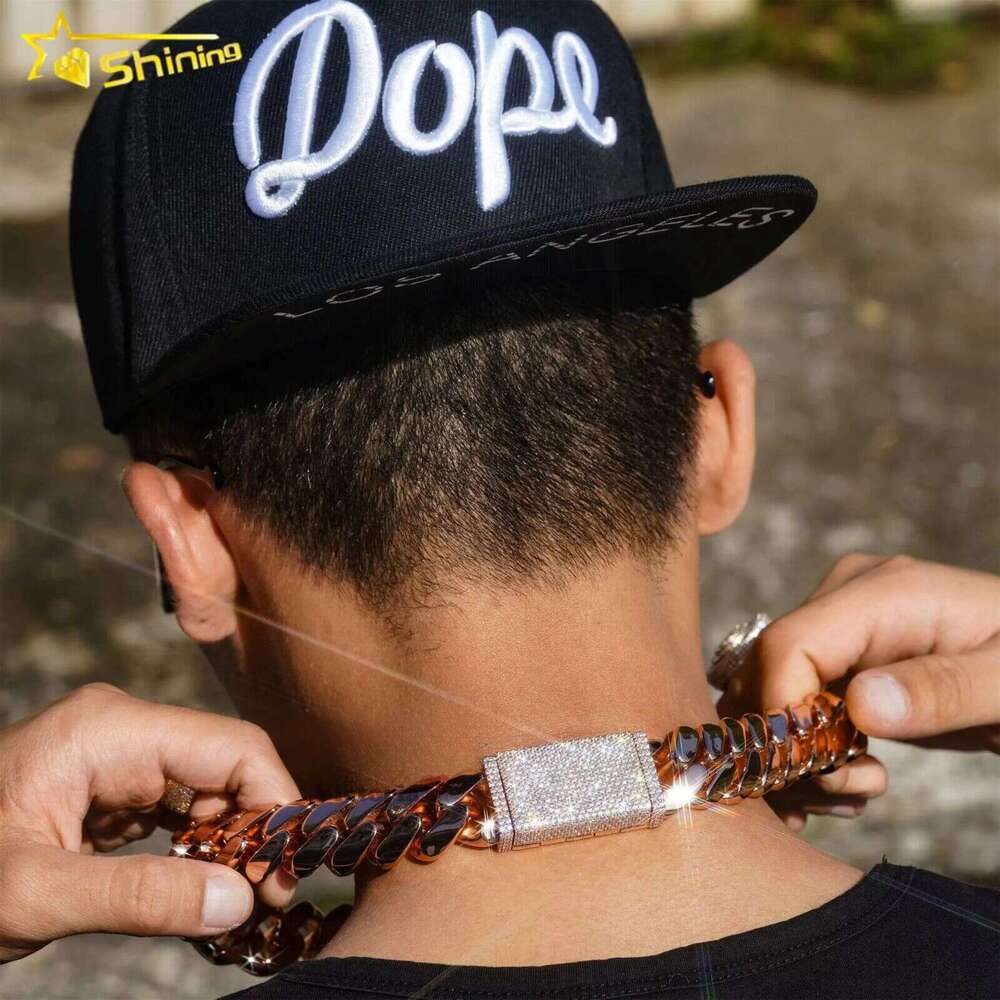 Factory Price Custom 22mm Miami 999 Silver 14k Rose Gold Plated Iced Out Hiphop Moissanite Lock Cuban Link Chain