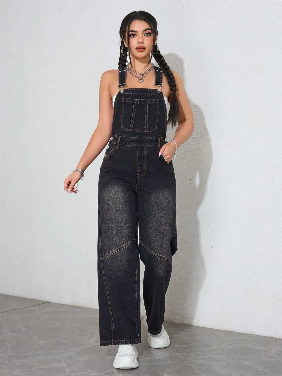 Womens Vintage Black Denim Jumpsuit Wide Leg Overalls Loose Fit Spring Fall Casual Romper Fashion Oversized Staple Bib Pants M260323