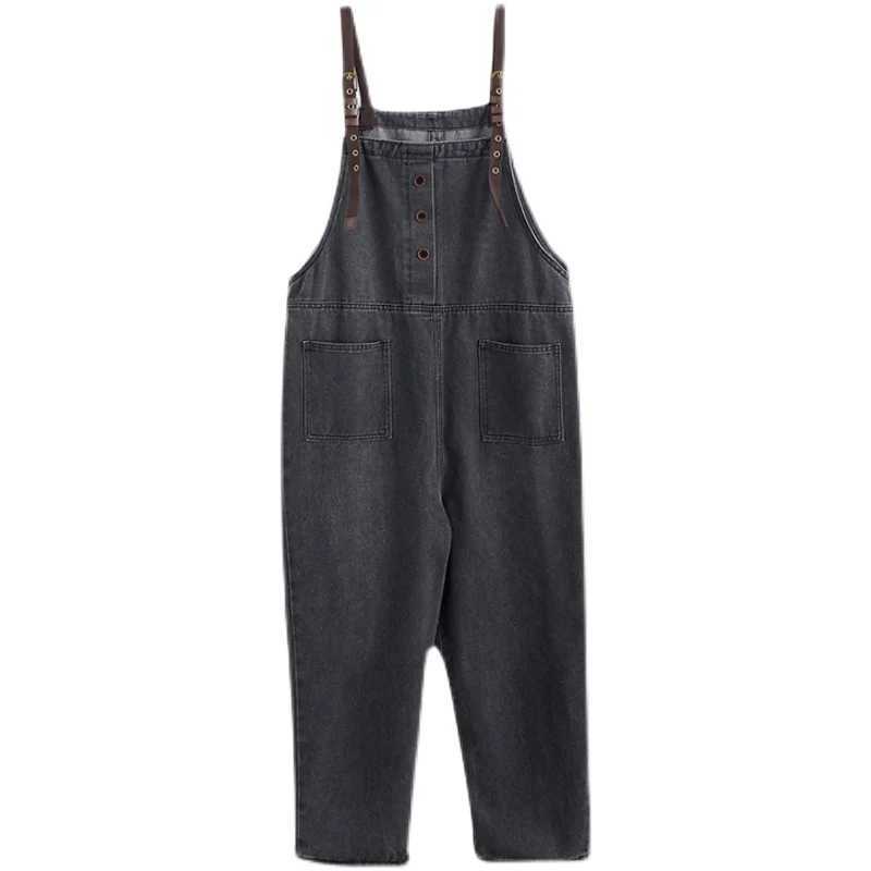 Denim Jumpsuit For Women Spring Autumn Grey Loose Jean Overalls Baggy Suspender Wide Leg Rompers All Match Trousers M260323