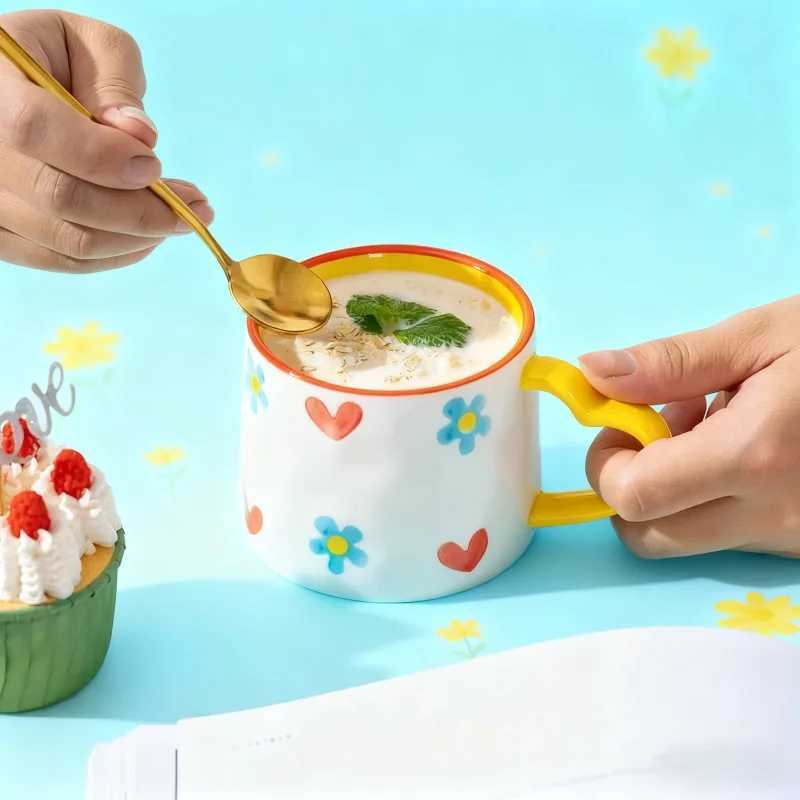 Ceramic Mug Creative Cute Hand-Painted Love Heart Coffee Cup Milk Oatmeal Breakfast Afternoon Tea Cup Valentines Day Present D260323