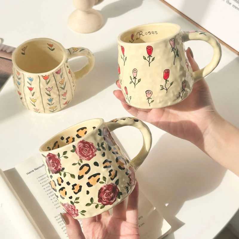 Tulip and Rose Ceramic Coffee Mug Handmade Irregular Shape for Tea Water Home Use Unique Design Gift H260323