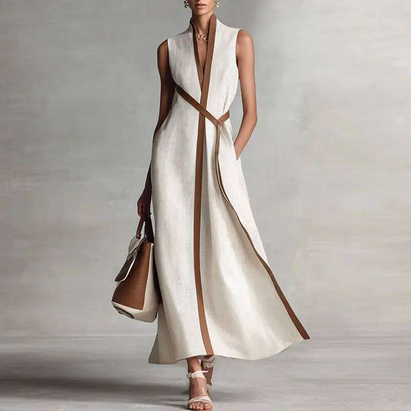 Elegant Contrast Striped Print Party Womens Spring Chic V Neck A-Line Long Dresses Summer Sleeveless Vacation Maxi Dress WONST