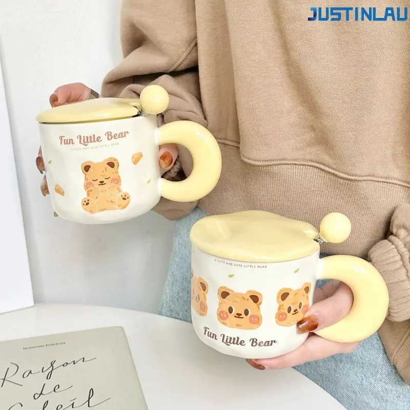 JUSTINLAU Cartoon Butter Teddy Bear Cup Couple Ceramic Cup Suitable for Girls High-value Mug with Lid Spoon Office Water Cup D260323