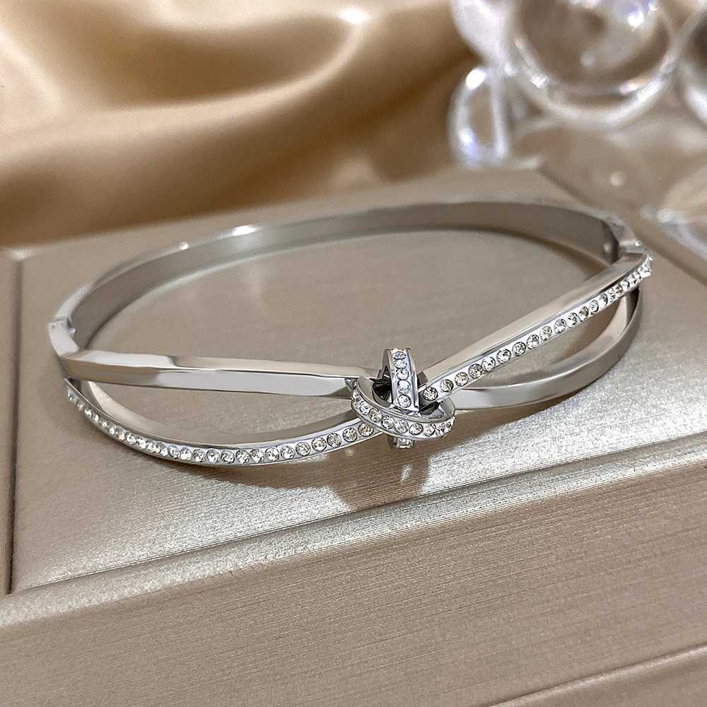 Trendy Stainless Steel With Rhinestone Inlaid Knot Bangles for Women Statement Bangle Wrist Waterproof Jewelry Gift H260323 - view 6