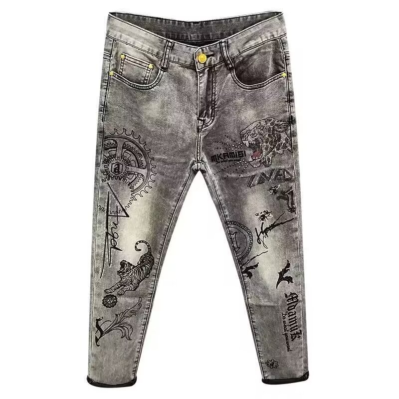 Designer Jeans Luxury Men's Trendy Brand Heavy Industry Tiger Printed Hot Diamond Grey Pants Street Fashion Essential Youth Casual Sports Loose S
