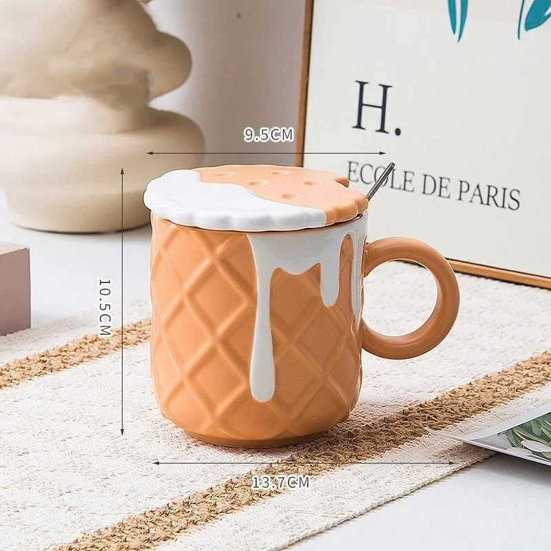 1pc 400ML Biscuit Pattern Coffee Mug With Lid And Spoon Ceramic Coffee Cups Cute Kawaii Water Cup Summer Winter Drinkware Gifts D260323