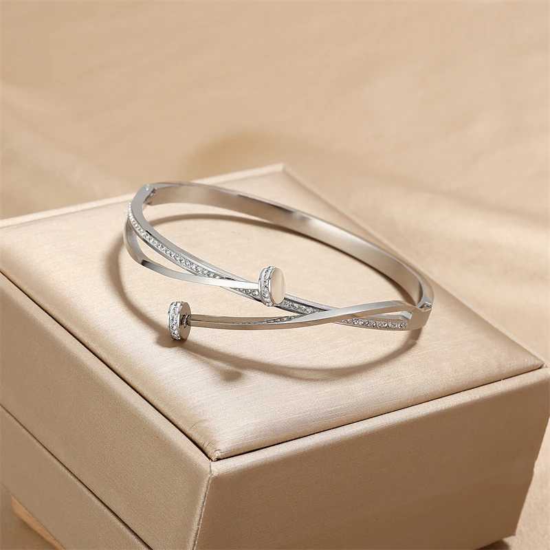 Unique Luxury Double Zircon Head Cross Stainless Steel Bangle For Women Wedding Gift Jewelry H260323 - view 3