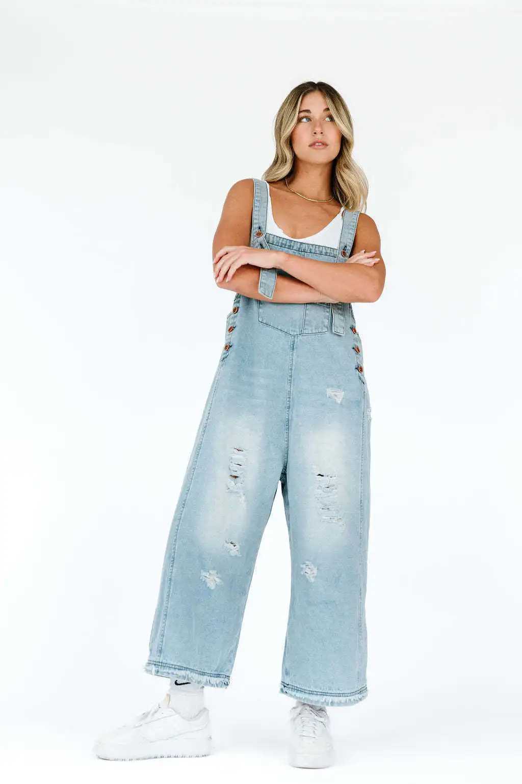 Womens Vintage Distressed Denim Overalls - Retro Wide-Leg Jumpsuit with Adjustable Straps-Fashion Boho Oversized Jean Dungarees M260323