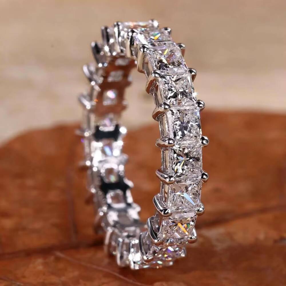 3mm Princess Cut Full Eternity Moissanite Band 925 Sterling Silver Office Chic Light Luxury Engagement Ring European Style Ring