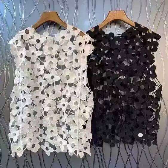 Spring Women Pullovers Blouse New Korean Fashion Hollow Out Flower Crochet Shirt Round Neck Sleeveless Tank Top