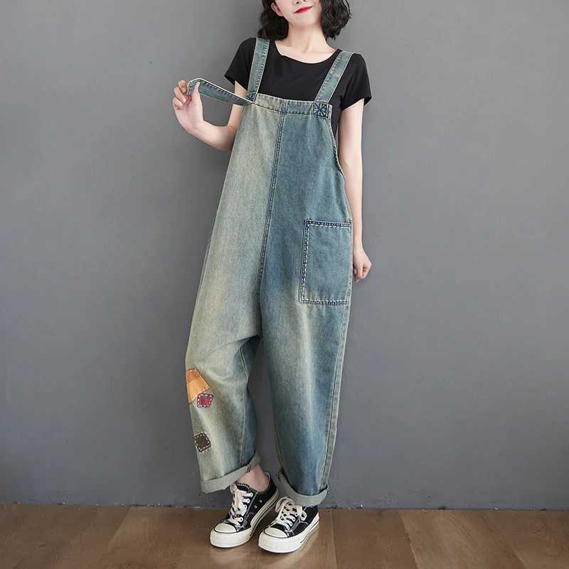 Vintage Contrasting Denim Overalls Spring Summer Women Patch Casual Loose Wide Leg Jumpsuit Female Jean Romper M260323