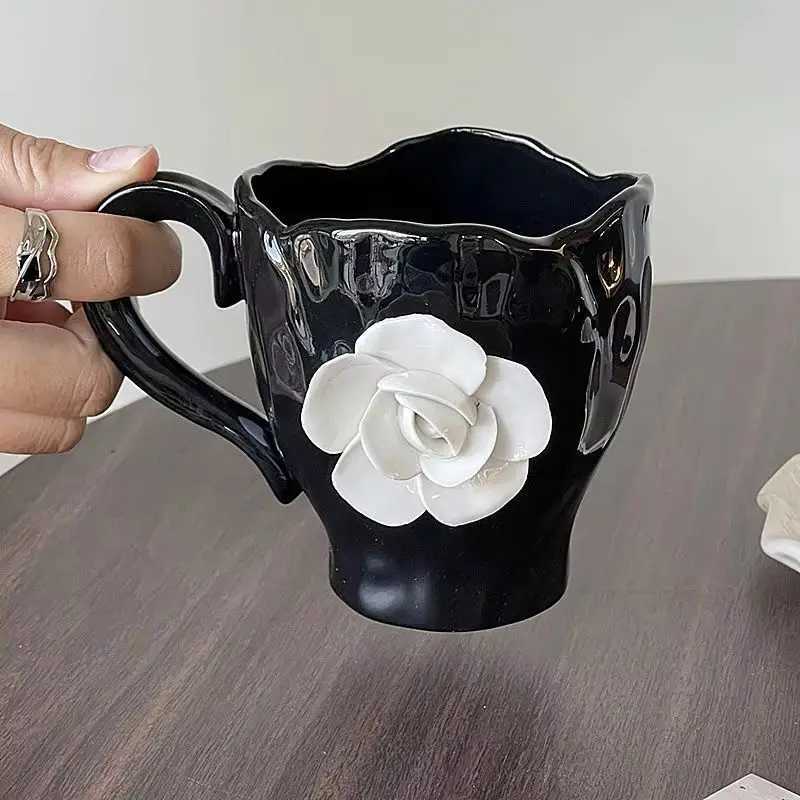 New Creative French Style Camellia Coffee Cup Handcrafted Exquisite Afternoon Tea Black Ceramic Mug Korean 3d White Rose Cup H260323