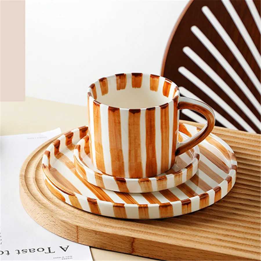 280ml/95oz afternoon tea coffee cup Minimalist striped hand drawn cup and plate set ceramic milk coffee cup household drinki H260323