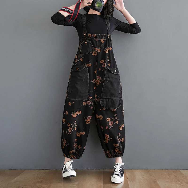 Loose Jeans Black Jumpsuit Women Casual Oversized Baggy Cargo Pants Big Pockets Print Floral Denim Overalls Straps Jean Rompers M260323