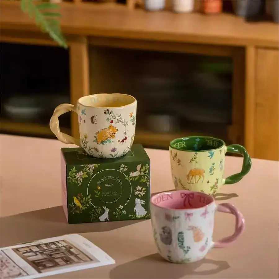 Mori cloth texture ceramic cup Home office creative Fried Dough Twists handle cartoon water cup H260323