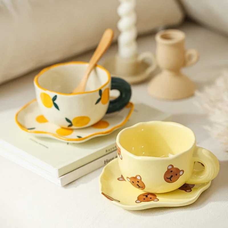 180ml Cute Hand-kneaded Ceramic Coffee Mug and Saucer Creative Hand-painted Afternoon Tea Cup with Saucer Girls Scented Tea Cup H260323