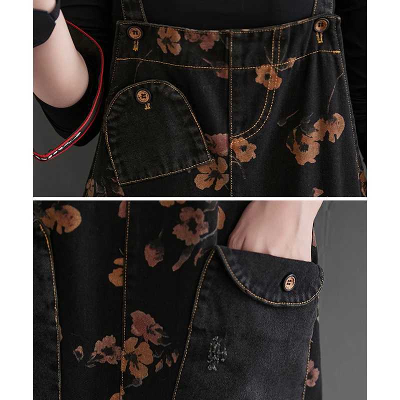 Loose Jeans Black Jumpsuit Women Casual Oversized Baggy Cargo Pants Big Pockets Print Floral Denim Overalls Straps Jean Rompers M260323