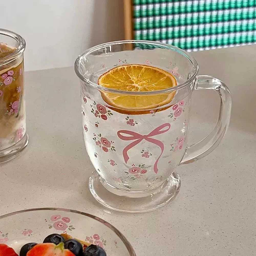 450ml Glass Cups with Handle Clear Bowknot Cup Cute Mug for Coffee/Milk/Juice/Tea Gift for Girl Women D260323