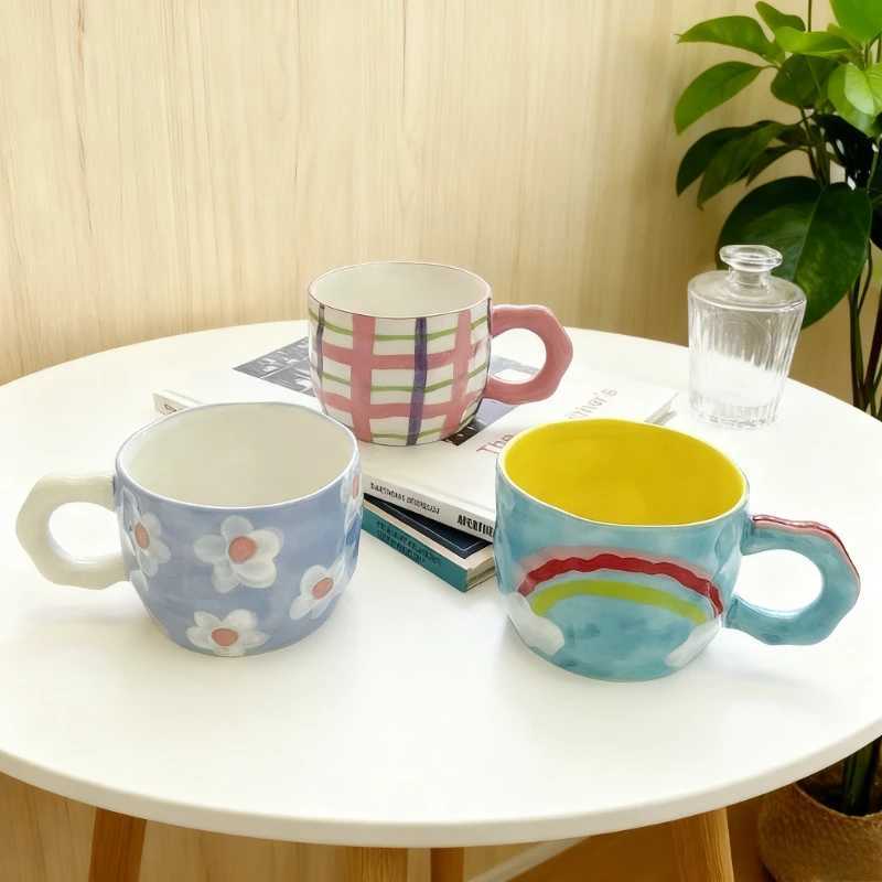 Rainbow Korean Ins Style Hand Pinched Irregular Ceramic Mugs Hand-painted Flower Coffee Cups Milk Tea Cup Valentines Day Gift H260323