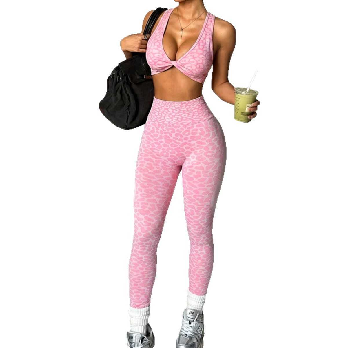 New leopard print yoga outfit for women with twisted back design suitable for fitness training outdoor running and sports includes long pants set