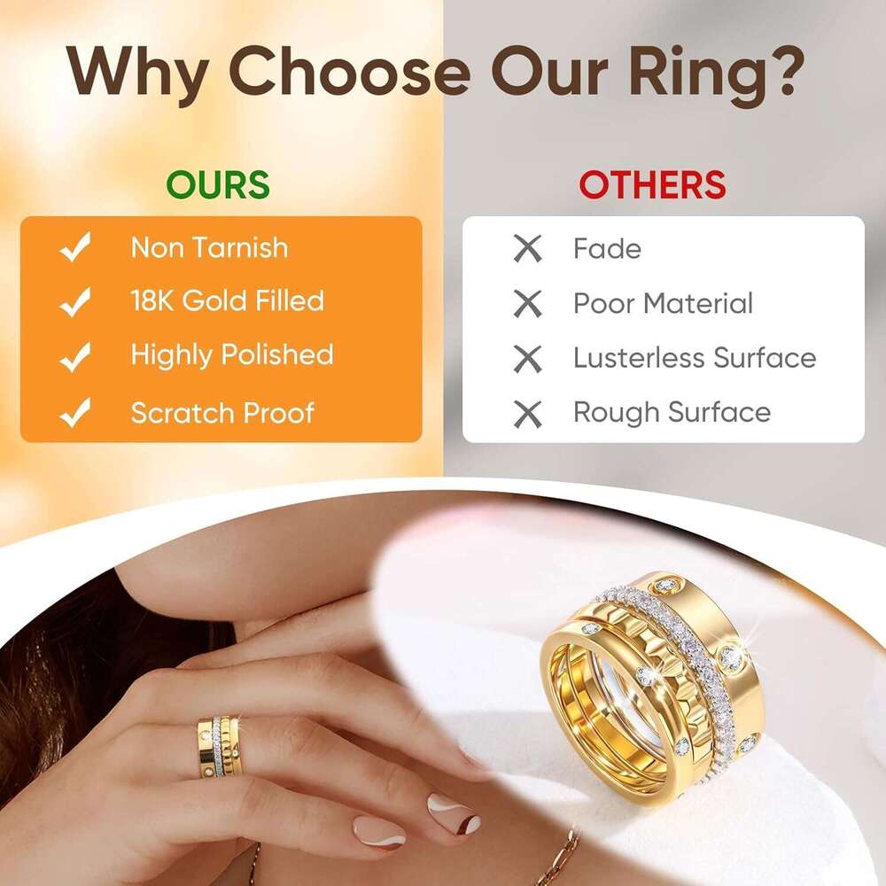 Stackable Ring 18K Gold Plated Set Non Tarnish Stainless Steel Cubic Zirconia Friendship Band Stack Rings Trendy Jewelry Christmas Birthday Party Gift - view 7